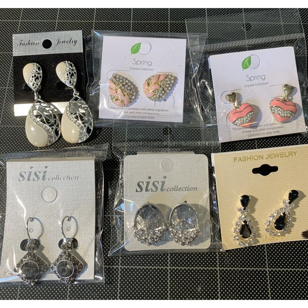 Pierced Earrings Mixed Styles Crystals Rhinestones Enameled Lot Of 6 New